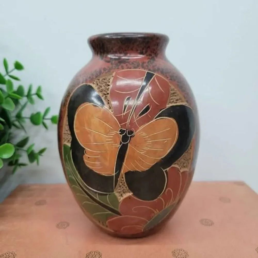 Handmade Nicaraguan Clay Vase with Butterfly Monkey & Turtle Folk Art Pottery